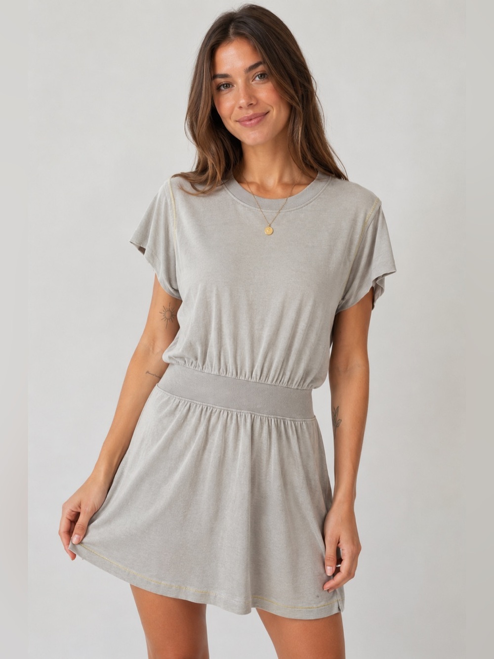 Anthropologie Grey State Taupe Knit Mini Dress Women’s Small Casual Short Sleeve